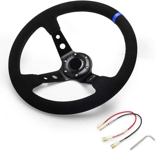 Vista 7 de 14" 350mm Volante de cuero de ante profundo, plato de 6 pernos para volante deportivo de carreras, botón de claxon de cuero azul con cable, llave
