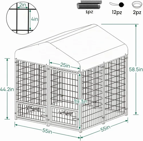 Vista 4 de Perrera para perros al aire libre de 4.5 x 4.5 x 4.9 pies con techo y soportes giratorios para tazones, recinto de metal grande para perros, casa
