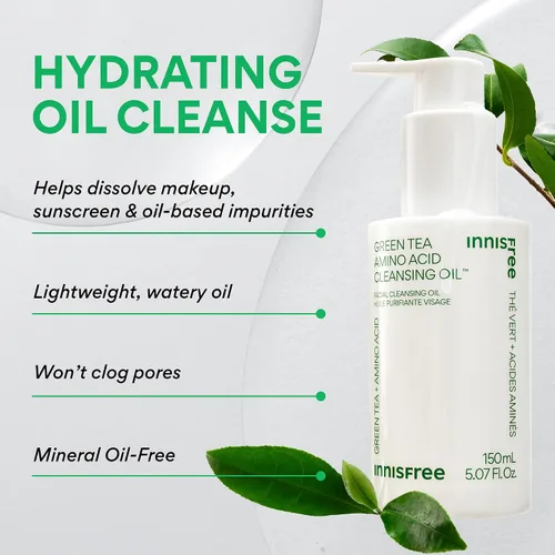 Vista 2 de innisfree Aceite limpiador de aminoácidos de té verde, lavado facial coreano hidratante con jojoba, removedor de maquillaje, fórmula de disolución