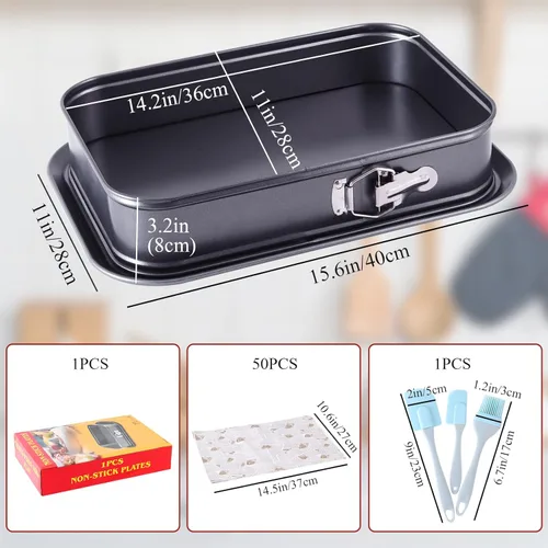 Vista 2 de Kenond Gran Molde Desmontable para Pastel, Molde Rectangular para Cheesecake de 14 x 11 Pulgadas, Utensilios para Hornear Tiramisu con 50 Piezas