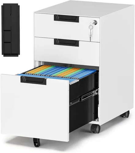Vista 12 de Archivador de metal con 2 cajones con cerradura, gabinete archivador con soporte para impresora móvil y estantes para archivos de tamaño Negro