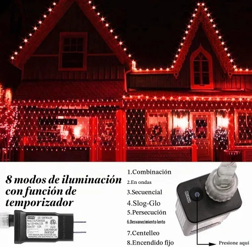Vista 4 de Luces de Red de Navidad Rojas, 240 Luces LED de Malla para Árbol Exterior con Enchufe, Luces Colgantes de Cadena para Navidad, Halloween, Jardín Rojo