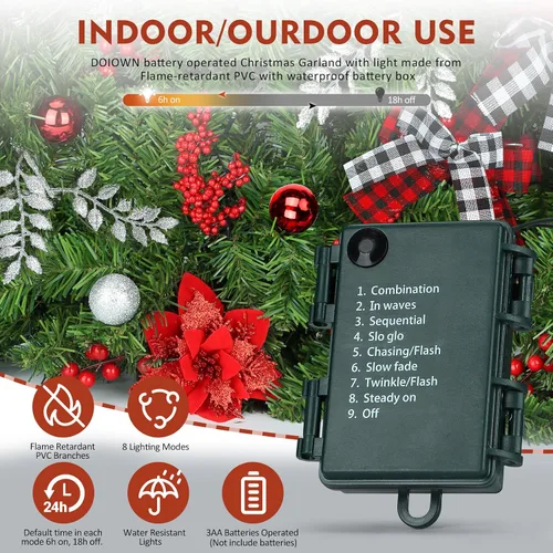 Vista 5 de DOIOWN Guirnalda de Navidad, guirnalda de Navidad preiluminada de 9 pies con luces, 100 luces LED de decoración de Navidad con bayas, lazos, piñas