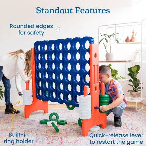 Vista 6 de ECR4Kids Juego gigante Jumbo de 4 a puntuación con 42 anillos y deslizadores de reinicio, juegos para niños, azul/naranja