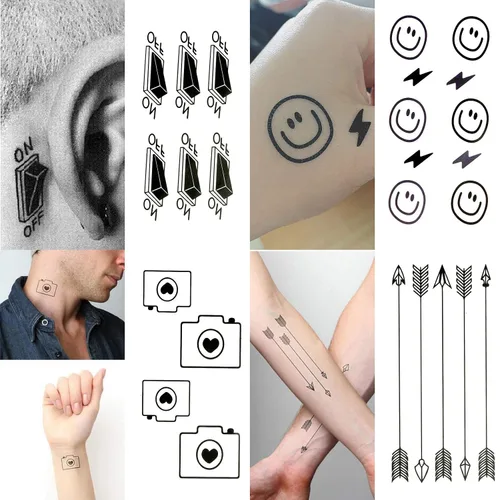 Vista 3 de Kit de tatuajes temporales pequeños y bonitos de 30 hojas, cámara negra con estampado de pies, elefante, estrella, diamante, cruz, pájaro, gato