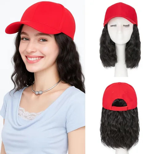 Vista 18 de SEGO - Peluca de gorra con pelo adjunto para mujer, gorra negra de béisbol con extensiones de pelo, gorra de béisbol larga y ondulada con ajuste