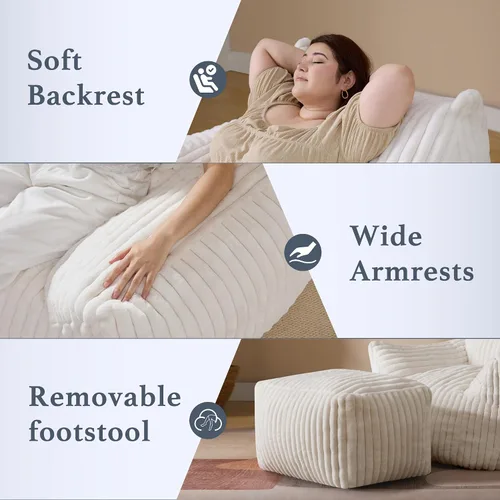 Vista 4 de Puf Chaise Lounge de Gran Tamaño para Interiores para Adultos con Reposabrazos y Otomana - Puf Gigante Cómodo Beige Perezoso para el Suelo, Sofá