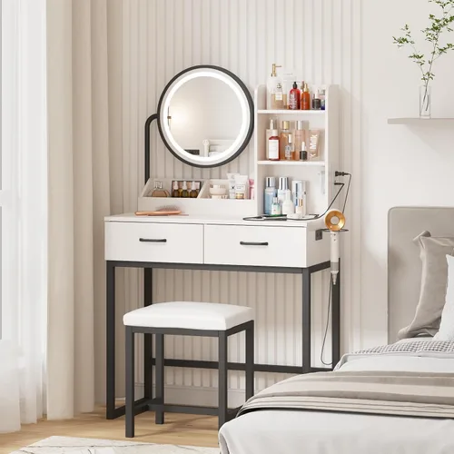 Vista 8 de Vabches Tocador de maquillaje con espejo redondo y luces, mesa de maquillaje blanca con estación de carga, mesa de tocador pequeña para dormitorio