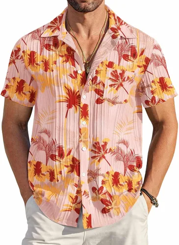 Vista 20 de COOFANDY - Camisas de botones casuales para hombre, de manga corta, con textura, camisa de playa de verano con bolsillo
