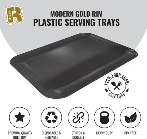 Vista 5 de Paquete de 3 bandejas de plástico negro para servir – Bandeja negra de 8 x 11 pulgadas – Bandejas de postre resistentes para alimentos – Bandejas