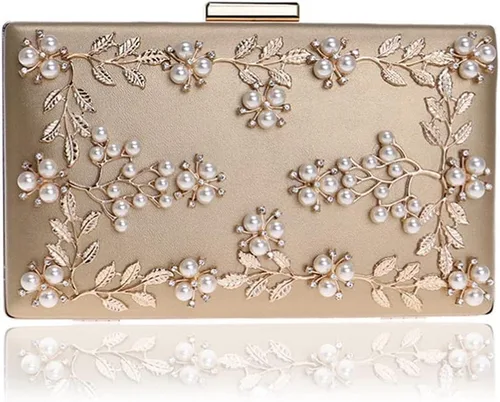 Vista 9 de TENDYCOCO Bolso de noche floral con cuentas para banquete, bolso de cóctel de perlas para mujer (dorado), Oro