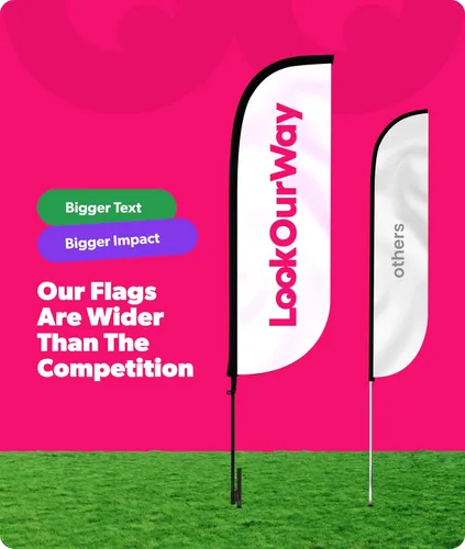 Vista 4 de LookOurWay Paquete de 3 banderas de plumas de 5 pies de alto para publicidad empresarial, incluye 3 banderas, 3 juegos de postes de fibra de vidrio