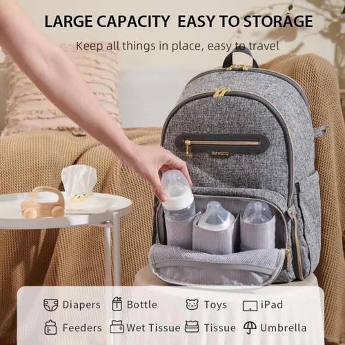 Vista 2 de SUNVENO Mochila para pañales, bolsas de pañales grandes para bebés con cambiador portátil para mamás y papás, Gris, Mochilas de viaje