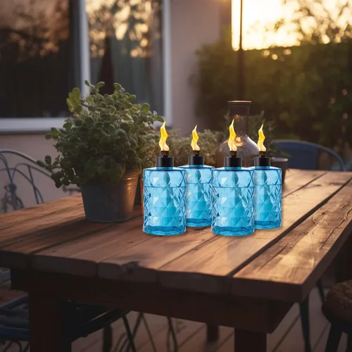 Vista 6 de Paquete de 4 linternas de mesa de cristal azul con mecha y tapa, linternas de citronela al aire libre, linterna de llama recargable, linterna