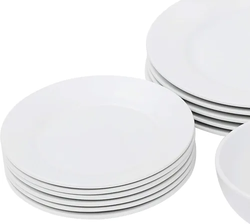 Vista 4 de Juego de vajilla de porcelana blanca, 18 piezas, platos y cuencos, juegos de platos con platos llanos, cuencos de ensalada para pasta y platos