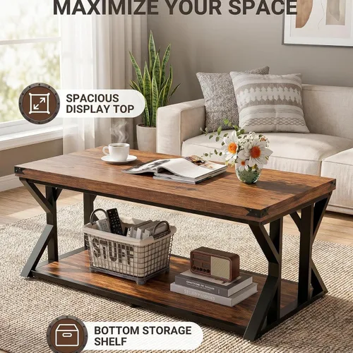 Vista 3 de Mesa auxiliar industrial de 43 pulgadas, mesa central rectangular de 2 niveles con estante de almacenamiento, mesa de cóctel de madera y metal