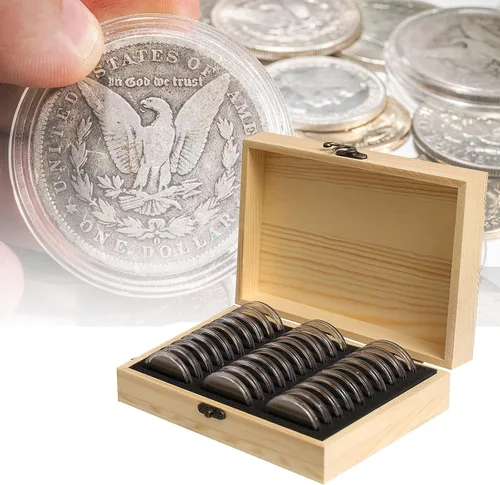 Vista 7 de Soporte de madera para monedas, 30 piezas de 1.811 in, caja organizadora de almacenamiento de monedas con junta de espuma, 6 tamaños