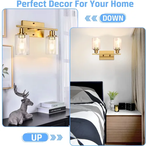 Vista 5 de ShineTech 2 luces de tocador doradas para baño, iluminación de pared moderna con vidrio transparente, luz de aplique de latón cepillado para espejo