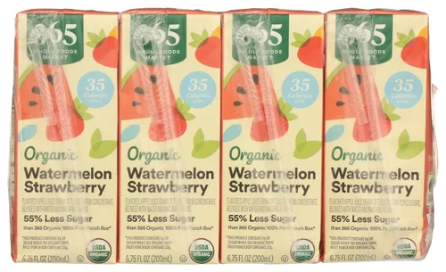 Vista 3 de 365 by Whole Foods Market, Caja de jugo reducido de azúcar sandía fresa orgánica, 6.75 onzas líquidas, paquete de 8