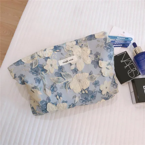 Vista 3 de Bolsas de cosméticos de flores para mujeres, bolsa de maquillaje suave y grande para niñas, bolsa organizadora de viaje de maquillaje estético