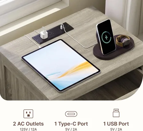 Vista 8 de KISLOT Base de cama LED tapizada con juego de mesitas de noche, color crema
