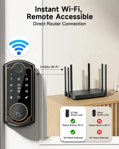 Vista 3 de Cerradura Inteligente ST380, Wi-Fi Integrado, Cerradura de Puerta de Entrada sin Llave con Huella Dactilar, Cerraduras de Seguridad de Cerrojo