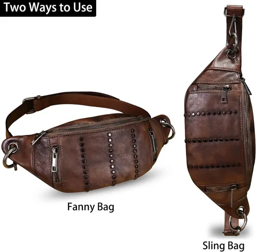 Vista 2 de IVTG Bolso bandolera de cuero genuino para mujer, riñonera casual, senderismo, bolsa cruzada en el pecho, mochila de hombro para motocicleta