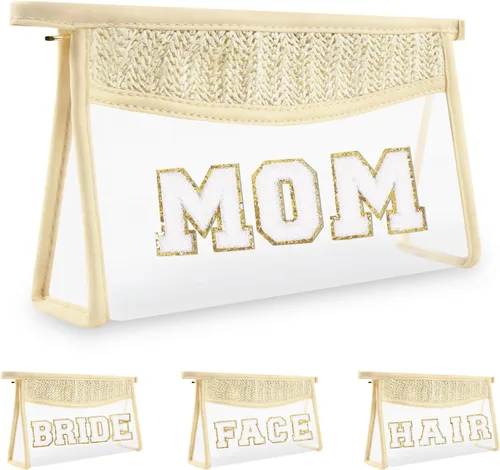 Vista 12 de Iqimott 2 bolsas de maquillaje con parches transparentes, bolsa de letras boho para nadar en la playa, bolsas de maquillaje impermeables