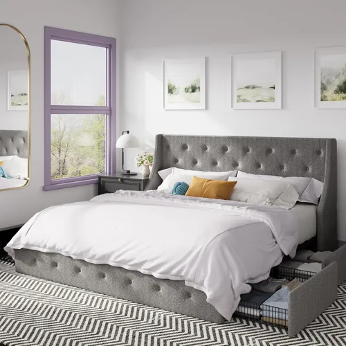 Vista 7 de HOOMIC Base de cama de plataforma tapizada completa con 4 cajones de almacenamiento y cabecera con respaldo de ala, diseño capitoné, fácil montaje