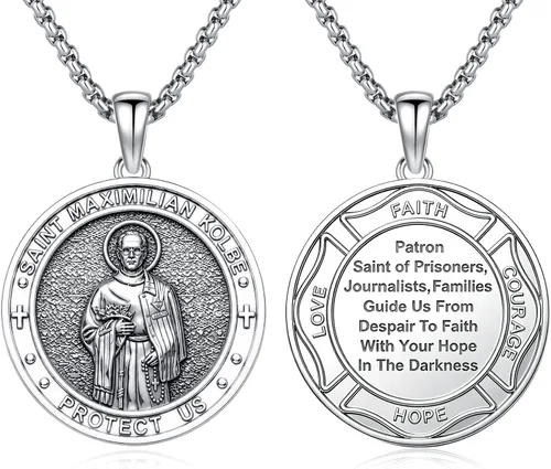 Vista 59 de Collar con colgante de amuleto de medalla de San de plata 10A-St Michael Oval
