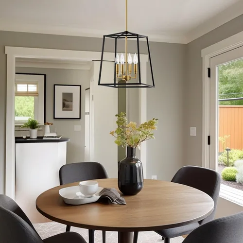 Vista 5 de Kira Home Bellevue - Lámpara colgante moderna de 16 pulgadas, 4 luces, lámpara colgante de metal geométrico dorado y negro, latón cálido y acabado