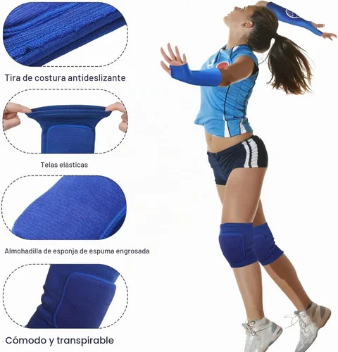 Vista 4 de Sosation Juego de 2 rodilleras de voleibol y mangas de brazo de voleibol con almohadilla de protección, protector de muñeca de antebrazo