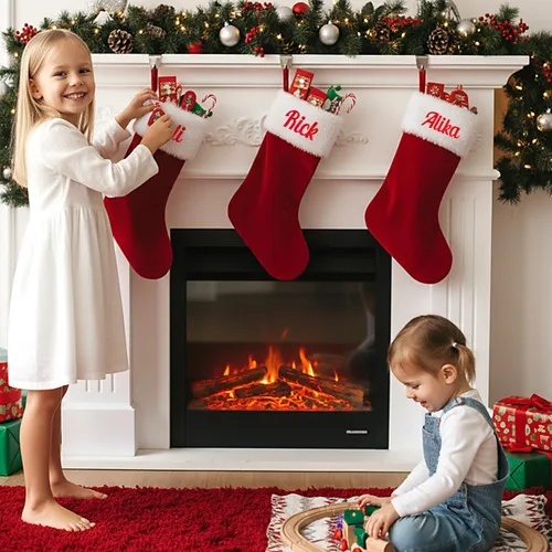 Vista 5 de Medias de Navidad personalizadas, medias de Navidad con nombre personalizado, terciopelo rojo con puño de felpa suave blanca para niños, calcetín