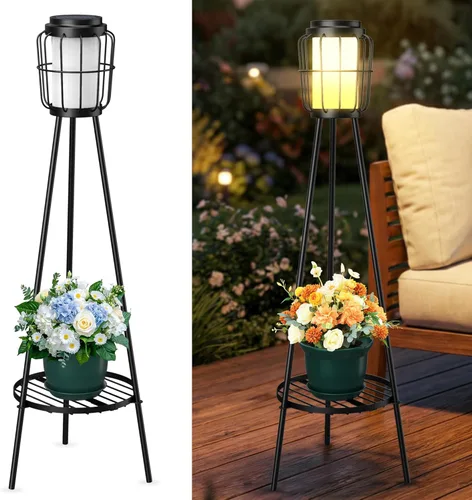 Vista 14 de MXwcy Lámpara de pie solar con soportes para plantas, luces solares para exteriores con bombillas LED Edison vintage, luces de jardín resistentes a