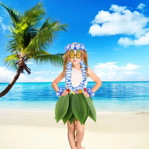 Vista 3 de PHOGARY 7 Pack Hawaiian Flower Leaf Hula Skirt Costume Accessory Kit for Hawaii Luau Party
