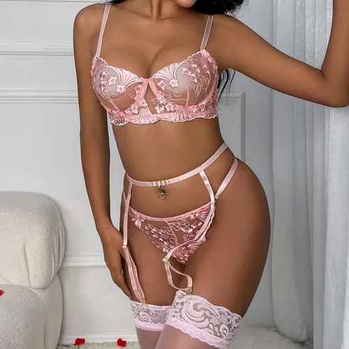 Vista 7 de Lencería sexy para mujer, ropa interior erótica, juego de tres piezas, bordado floral, sello de cintura de acero para el sexo y juego travieso