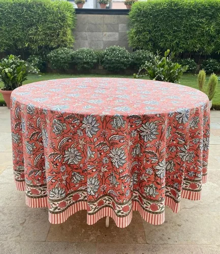 Vista 42 de Mantel redondo con estampado de bloque a mano, 100% algodón, reutilizable, color verde espárragos, 60 pulgadas, mantel decorativo para uso diario