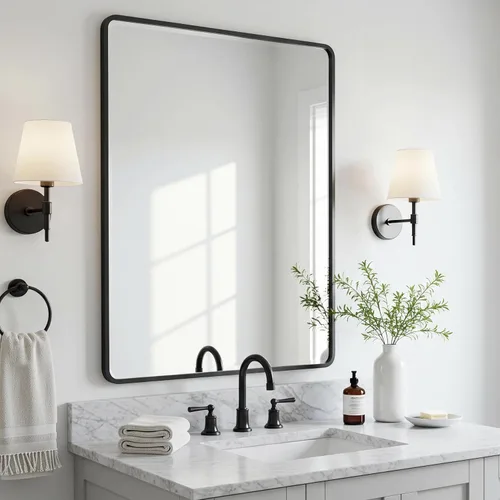 Vista 9 de LEDLUX Espejo de baño negro de 24 x 32 pulgadas, espejo sin cobre, marco de metal, espejo rectangular montado en la pared, espejo moderno