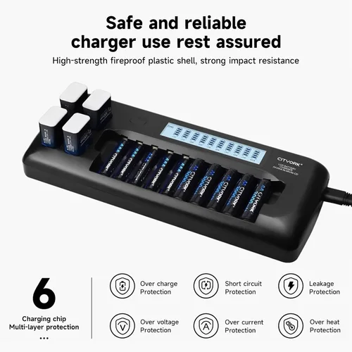Vista 7 de CITYORK Cargador de batería AA AAA 9V de 10+4 bahías, pantalla LCD inteligente con función de descarga, 10 bahías para baterías recargables AA/AAA