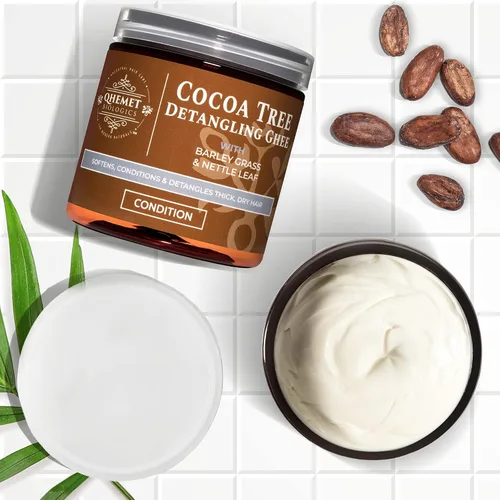 Vista 9 de Qhemet Biologics L.O.C. Method Collection para cabello de alta porosidad, incluye ghee desenredante de árbol de cacao, suero suavizante de ricino