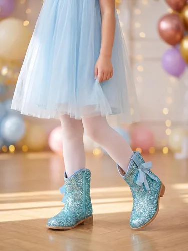Vista 3 de Coutgo Botas vaqueras para niñas, botas de tacón bajo con purpurina, botas Azul
