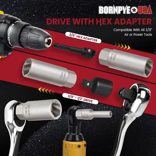 Vista 4 de Kit de extractor de pernos profundos de 16 piezas, con adaptador de 3/8", juego de dados extractores de tuercas rotas Ez Out, herramienta