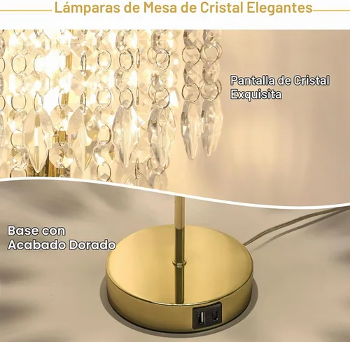 Vista 2 de Juego de 2 lámparas de mesa de cristal, lámpara de mesa de noche regulable de 3 vías con 2 puertos de carga USB, lámpara de noche dorada