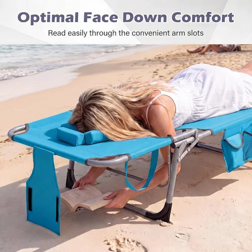 Vista 7 de Tangkula Silla de bronceado con agujero facial, silla plegable ajustable reclinable para playa, tomar el sol con bolsillo lateral, tumbona portátil