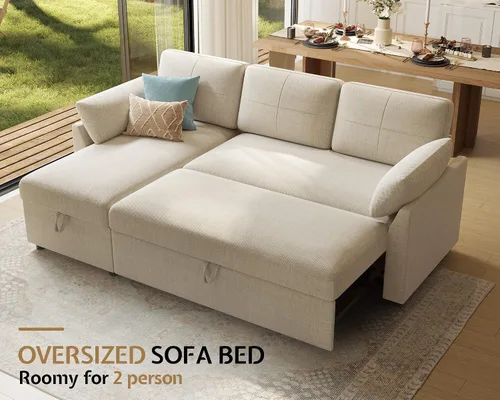 Vista 3 de AMERLIFE Sofá cama, sofá cama 2 en 1 con diván de almacenamiento, sofá extraíble para sala de estar de apartamento, color beige lino