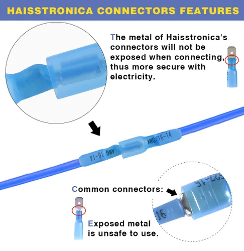 Vista 4 de haisstronica 200 conectores de pala hembra termorretráctiles azules, AWG 16-14, kit de terminlas de pala hembra termorretráctil, conectores