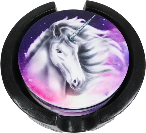 Vista 4 de Ebros Gift Romántico juego de posavasos de unicornio sagrado índigo con 4 posavasos de cerámica y diseño floral redondo con diseño de desplazamiento