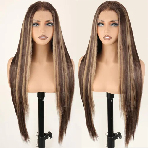 Vista 14 de SOKU 13x6 Peluca de encaje frontal HD transparente de 32" con cabello de bebé sintético pre-depilado resistente al calor de parte libre marrón