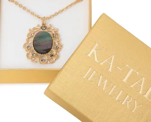Vista 5 de KA-TAL' Collar con colgante vintage de nácar negro chapado en oro de 14 quilates con cristales de diamantes negros simulados y cadena de 16 pulgadas