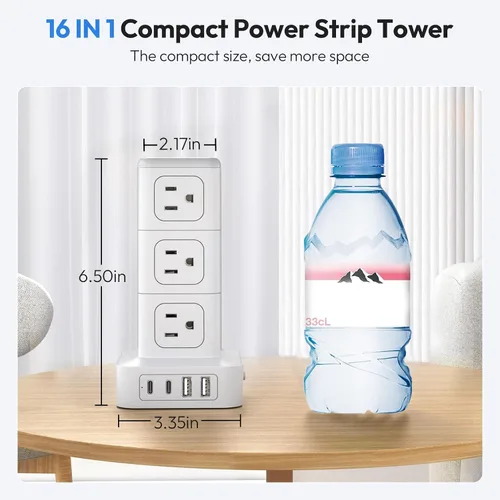 Vista 8 de NTONPOWER Torre de regleta de alimentación con protector de sobretensiones, torre de protección de sobretensiones 1080J, 12 salidas de CA, 4 puertos